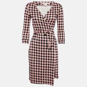 DVF Diane Von Furstenberg Red Printed Jersey Julian Wrap Dress Long Sleeve Black